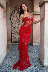 Hot Mermaid Spaghetti Straps Red Long Prom Dress With Embroidery Formal Evening Gown
