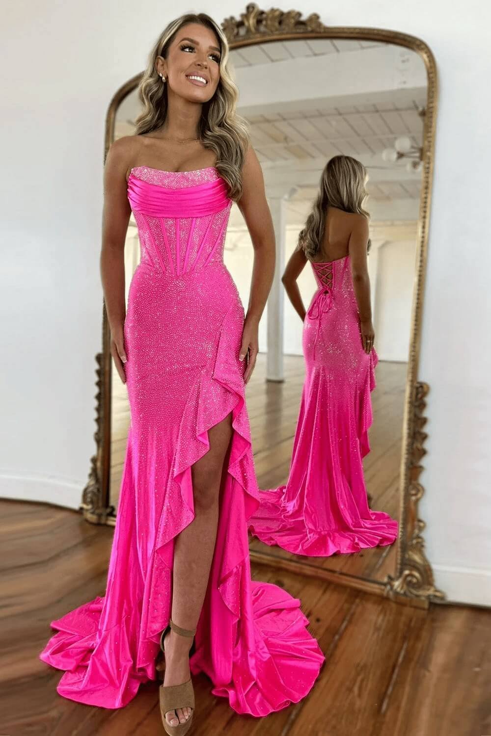 Hot Pink Beaded Prom Dress Corset Ruffled Strapless Formal Dress With Slit