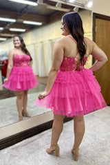 Hot Pink Homecoming Dresses A Line Spaghetti Straps Corset Short Cocktail Dresses