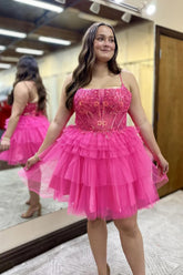 Hot Pink Homecoming Dresses A Line Spaghetti Straps Corset Short Cocktail Dresses