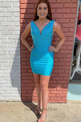 Hot Pink Homecoming Dresses Beaded V-Neck Backless Tight Short Cocktail Dresses