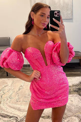 Hot Pink Homecoming Dresses Corset Detachable Sleeves Tight Short Cocktail Dresses