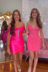 Hot Pink Homecoming Dresses Off The Shoulder Corset Tight Short Cocktail Dresses