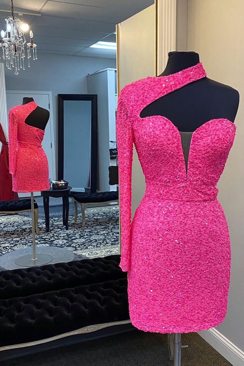 Hot Pink Homecoming Dresses One Shoulder One Sleeves Tight Sequin Short Cocktail Dresses