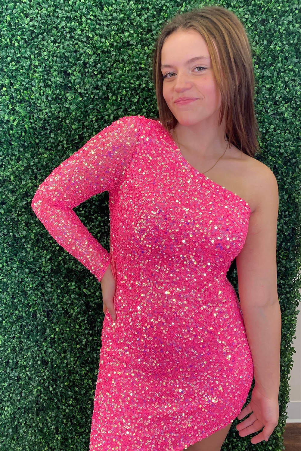 Hot Pink Homecoming Dresses One Shoulder Tight Sequin Prom Dress with Fringes