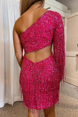Hot Pink Homecoming Dresses Open Back One Shoulder Sequin Tight Prom Dress