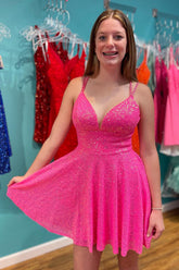 Hot Pink Homecoming Dresses Open Back Sequin A-Line Short Cocktail Dresses