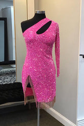 Hot Pink Homecoming Dresses Sequin Beaded Cut Out Tight Short Cocktail Dresses with Fringes