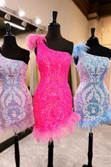 Hot Pink Homecoming Dresses Sequin Tight Short Cocktail Dresses With Feather