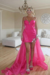 Hot Pink Homecoming Dresses Spaghetti Straps High Low Prom Dress