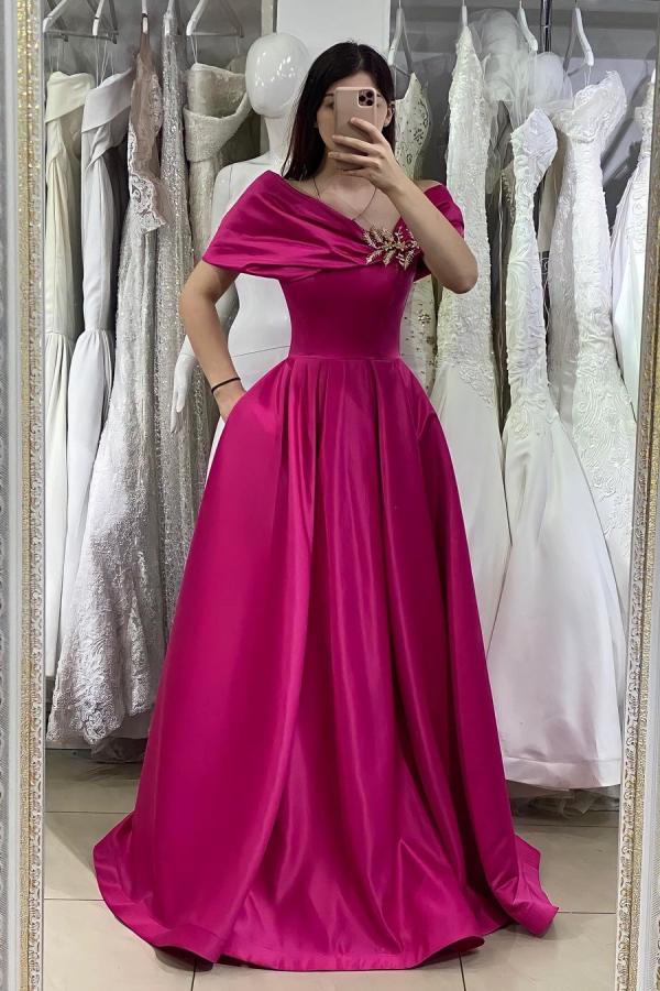 Hot Pink Off-the-Shoulder Long Evening Prom Dress Online | Suzhoufashion Hot Pink Off-the-Shoulder Long Evening Prom Dress Online | Suzhoufashion