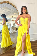 Hot Pink Prom Dress A Line Strapless Keyhole Pleated Evening Dress