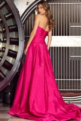 Hot Pink Prom Dress Strapless Sleeveless Pleated Split Evening Formal Dress With Bowknot