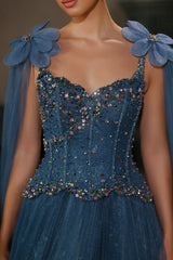 Ink Blue Tulle A Line Prom Dress with Cape and 3D Shoulder Flowers
