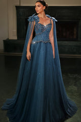 Ink Blue Tulle A Line Prom Dress with Cape and 3D Shoulder Flowers