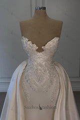 Ivory A Line Strapless Sleeveless Beaded Panel Train Ruffle Long Satin Bridal Gown