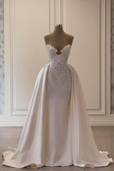 Ivory A Line Strapless Sleeveless Beaded Panel Train Ruffle Long Satin Bridal Gown