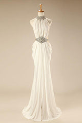 Ivory High Collar Evening Dresses Crystal Chiffon Wedding Guest Dress