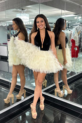 Ivory Homecoming Dresses A Line Halter Tiered Short Cocktail Dresses With Bow