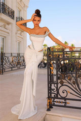 Ivory Strapless Sleeveless Pleated Mermaid Evening Formal Dress With Beadings