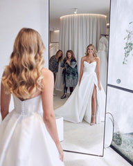 Ivory Sweetheart A-Line Court Train Wedding Dresses with Split