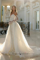 Ivory Wedding Dress Mermaid Spaghetti Straps Lace Bridal Gown With Detachable Panel Train