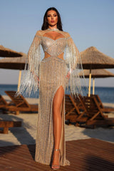 Jewel Neck Long Sleeve Prom Dress Beadings High Split Evening Formal Dress With Tassel