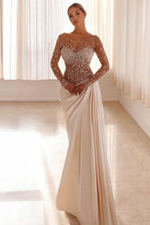 Jewel Neck Long Sleeves Long Mermaid Evening Formal Dress With Pleated