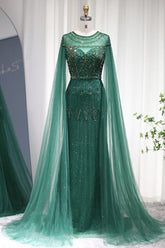 Jewel Neck Mermaid Evening Formal Dress Cap Sleeves Tulle With Appliques Diamond