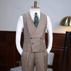 Khaki Plaid Notched Lapel Three Piece Prom Suit