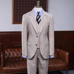 Khaki Plaid Three Piece Peaked Lapel Prom Suit