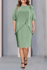 Knee Length Plus Size Beaded and Ruched Mother of the Bride Column Jewel Neck Dress