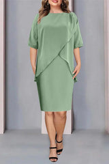 Knee Length Plus Size Beaded and Ruched Mother of the Bride Column Jewel Neck Dress