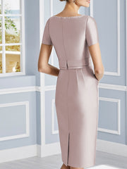 Knee Length Satin Two Piece Mother of the Bride Dress with Pearls and Jewel Neckline