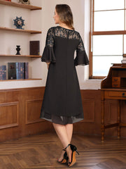 Knee length A line Dress with Round Neck Half Sleeves Lace Appliques and Ruffles for Mothers of the Bride & Groom