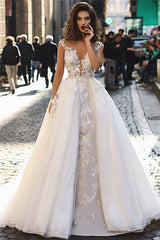 Lace Appliques Beads Overskirt Tulle Wedding Dresses | Cap Sleeves Sheer Back Sexy Bridal Gowns
