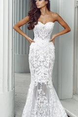 Lace Appliques Sweetheart Evening Gowns White Sheer Mermaid Beach Wedding Dresses