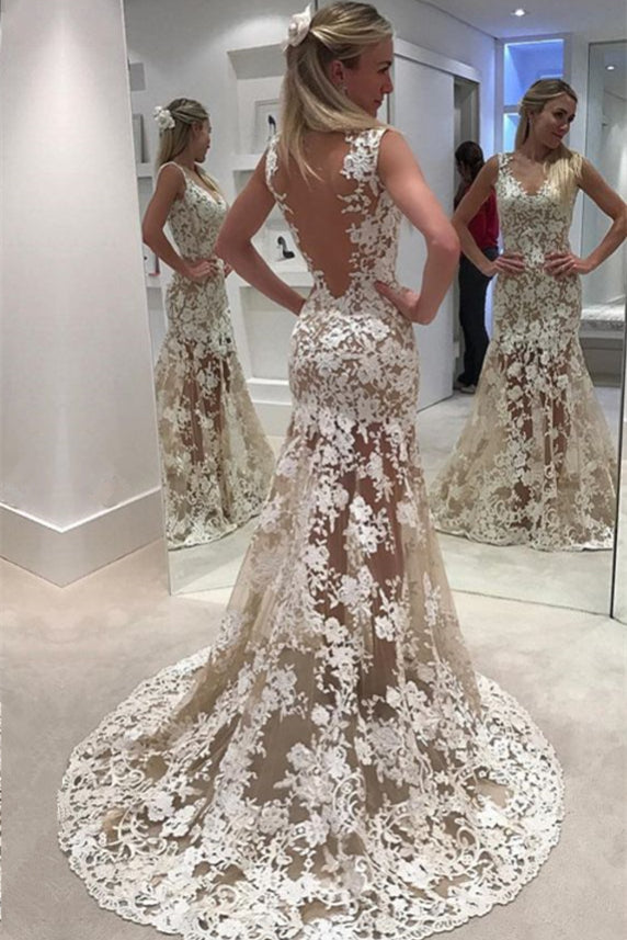 Lace Designer Sheer Ivory Bride Dresses Mermaid Backless Beach Wedding Dress
