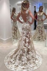 Lace Designer Sheer Ivory Bride Dresses Mermaid Backless Beach Wedding Dress