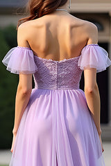 Lace Lilac Off The Shoulder Long Formal Dress With Ruffles