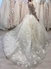 Lace Long Sleeve Ball Gown Wedding Dresses | Sheer Tulle Appliques Bridal Gowns Online