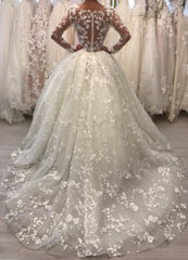 Lace Long Sleeve Ball Gown Wedding Dresses | Sheer Tulle Appliques Bridal Gowns Online