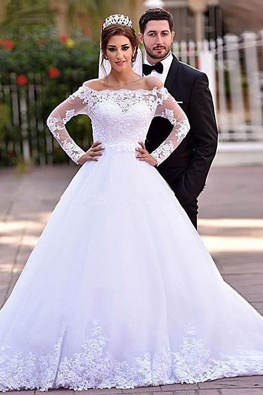 Lace Long Sleeve Wedding Dresses Off-the-shoulder A-line Bridal Gowns