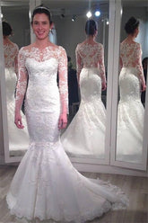 Lace Long Sleeve Wedding Dresses Vintage Mermaid Bridal Gowns with Appliques