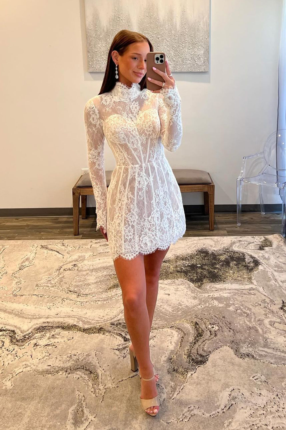 Lace Short Beach Wedding Dress Long Sleeve A Line Homecoming Dress