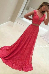 Lace Sleeveless Red Two-Piece V-Neck Long Mermaid Prom Dresses BA8080