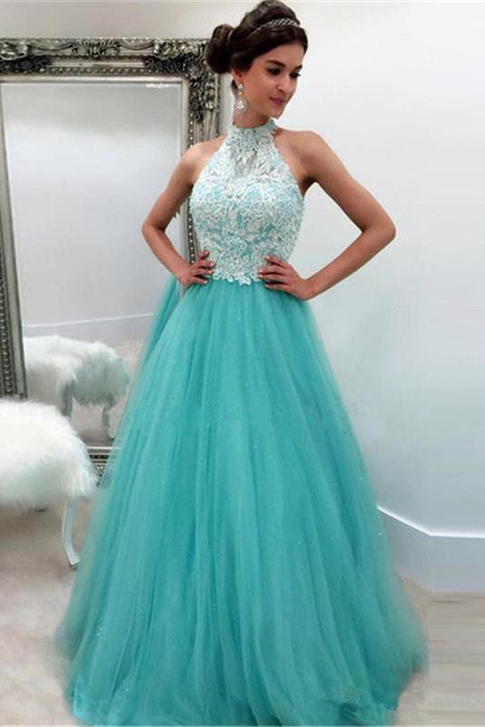 Lace Tulle Sleeveless High-Neck A-line Elegant Evening Dress BA4825