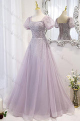 Lace Up Evening Formal Dress Beadings A Line Short Sleeves Prom Dress