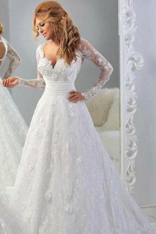 Latest Long Sleeve Empire Lace Bridal Dress A-Line Halter Empire Plus Size Wedding Gowns