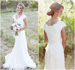 Latest Simple V-Neck White Lace Wedding Gowns Chiffon Short Sleeve Plus Size Beach Bridal Dress